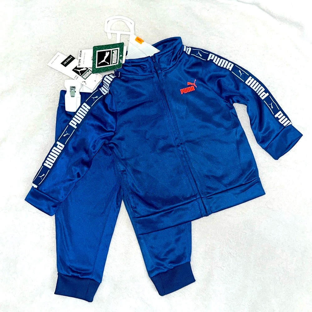 New Puma 2-Piece Zip Up Logo Jacket & Track Pants Boys Sz 12 min Blue Sports